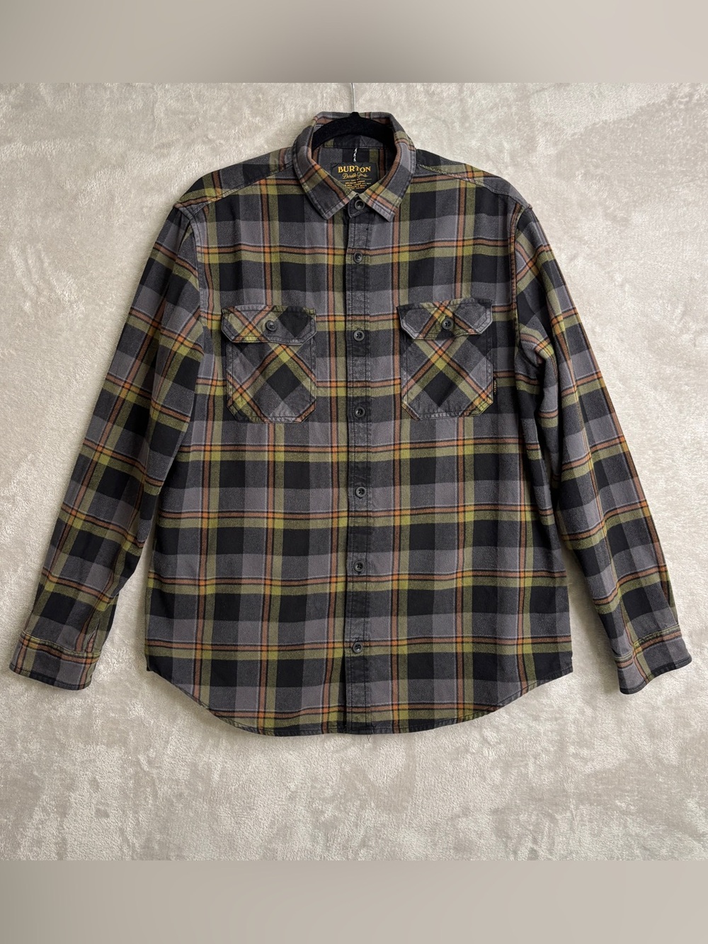 Burton Men's Black and Gray Plaid Button-Down Shirt with Olive Accent